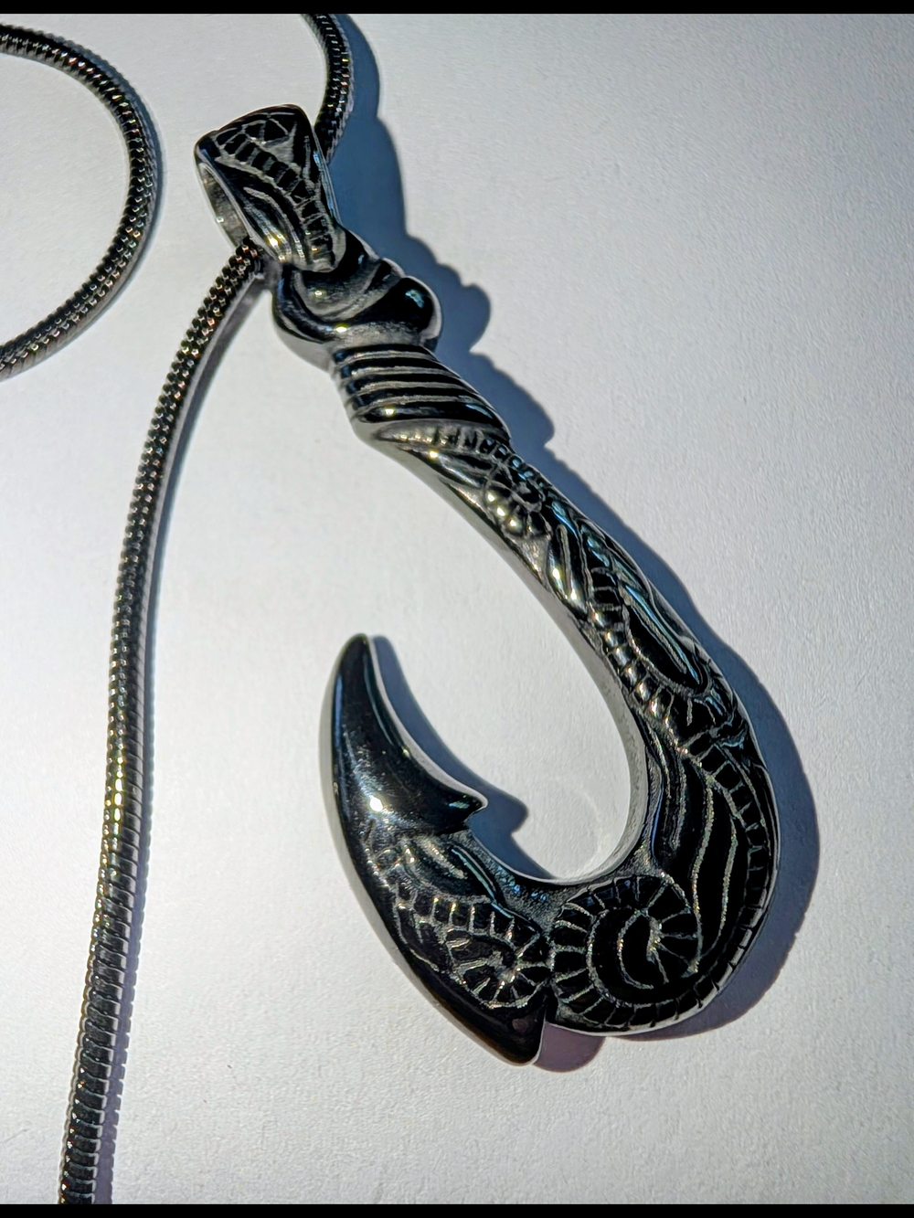 Men's Black Engraved Fish Hook Pendant Necklace